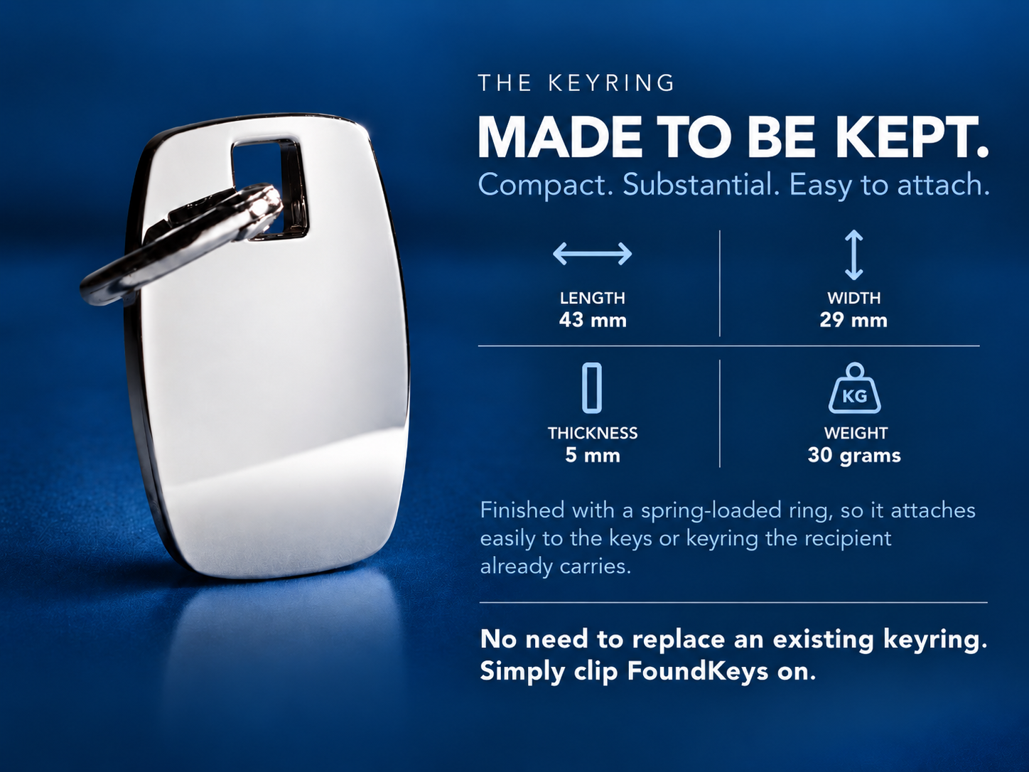 FoundKeys keyring with dimensions, weight and spring-loaded attachment.