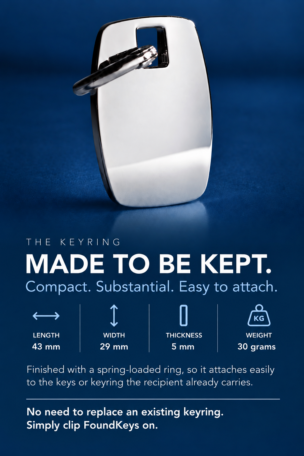 FoundKeys keyring with dimensions, weight and spring-loaded attachment.