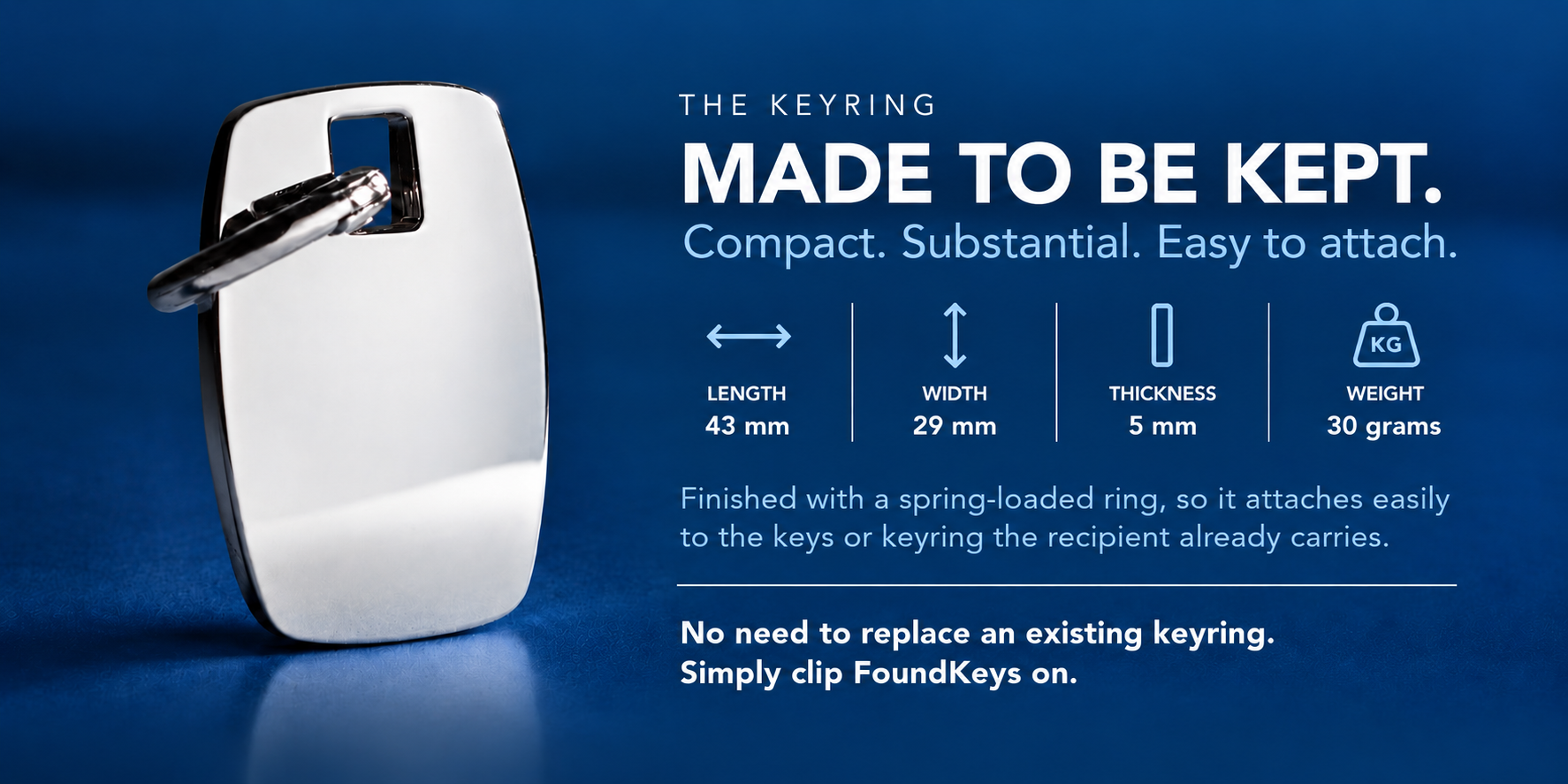 FoundKeys keyring with dimensions, weight and spring-loaded attachment.